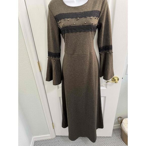 Lavinyo LVNKolu Volanlı Robası Dantelli Brown Long Sleeve Bell  Midi Dress 40 - Picture 9 of 10